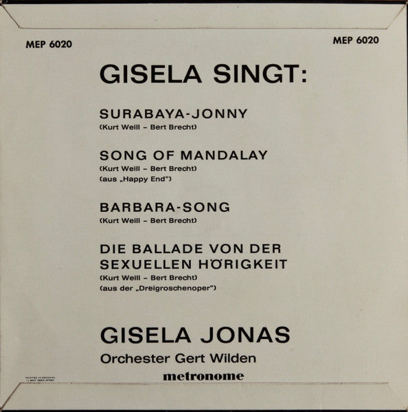 Gisela Jonas / Orchester Gert Wilden* : Gisela Singt Die Ballade Von Der Sexuellen Hörigkeit Und Andere Songs Von Kurt Weill Und Bert Brecht (7", EP)