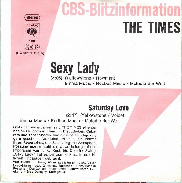 The Times (7) : Sexy Lady / Saturday Love (7", Single, Promo)