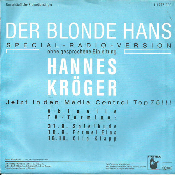 Hannes Kröger : Der Blonde Hans (Special-Radio-Version) (7", Single, Promo)