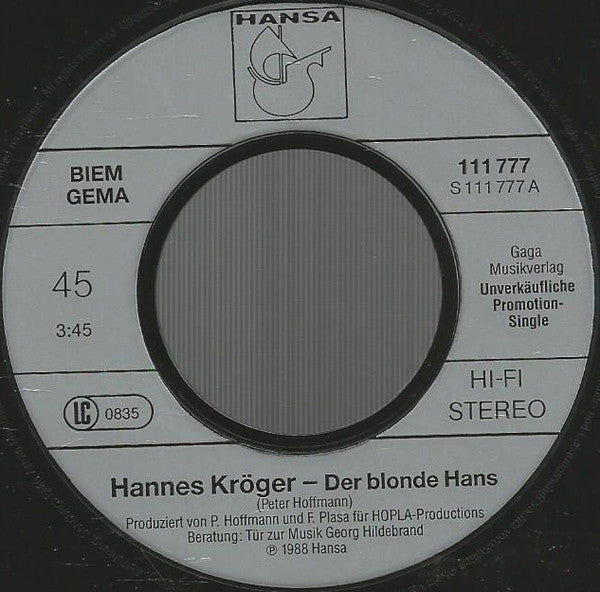 Hannes Kröger : Der Blonde Hans (Special-Radio-Version) (7", Single, Promo)