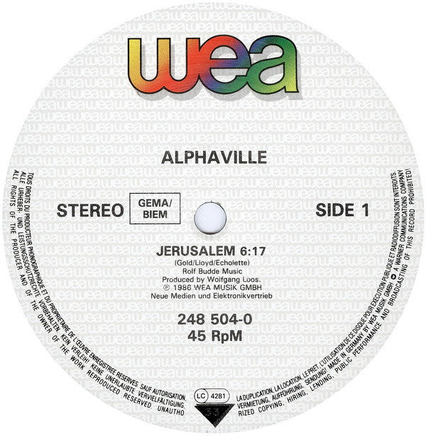 Alphaville : Jerusalem (The Palace Version) (12", Single)