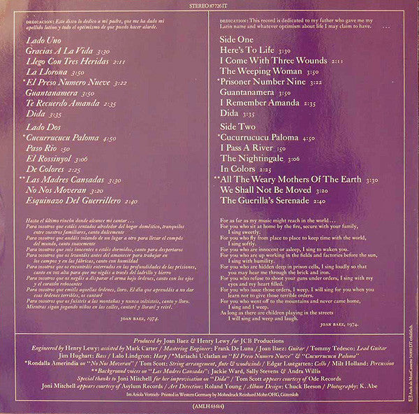 Joan Baez : Gracias A La Vida / Here's To Life (LP, Album)