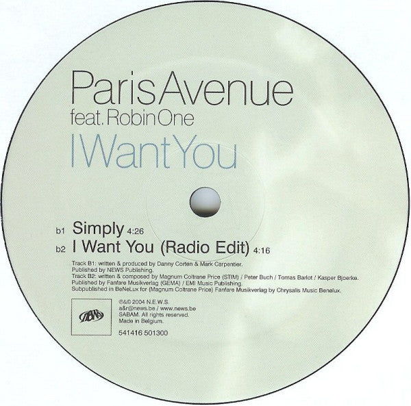 Paris Avenue Feat. Robin One : I Want You (12")