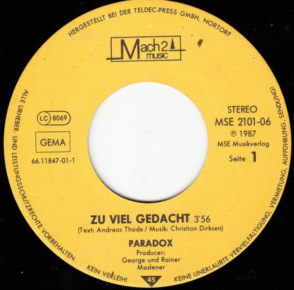 Paradox (59) : Zuviel Gedacht (7", Single)