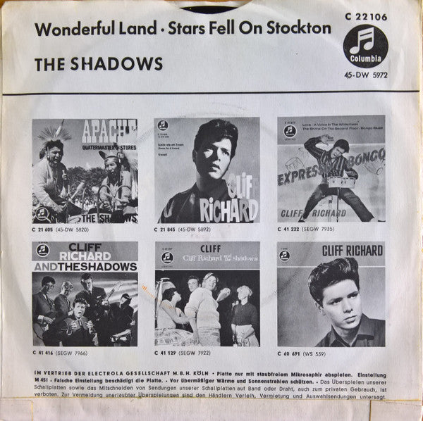 The Shadows : Wonderful Land / Stars Fell On Stockton (7", Single)