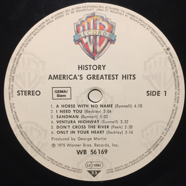 America (2) : History - America's Greatest Hits (LP, Comp, RE)