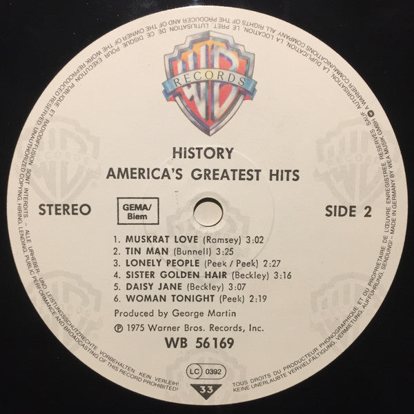 America (2) : History - America's Greatest Hits (LP, Comp, RE)