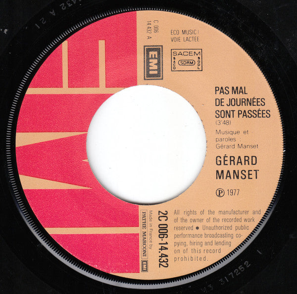 Gérard Manset : Pas Mal De Journées Sont Passées (7", Single)