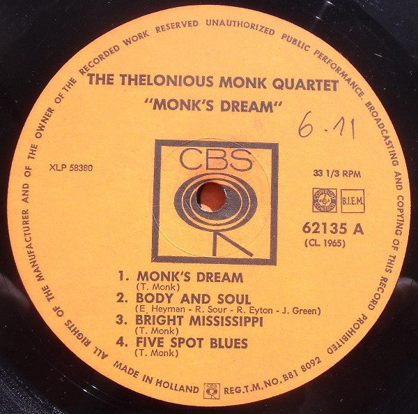 The Thelonious Monk Quartet : Monk's Dream (LP, Album, Mono)