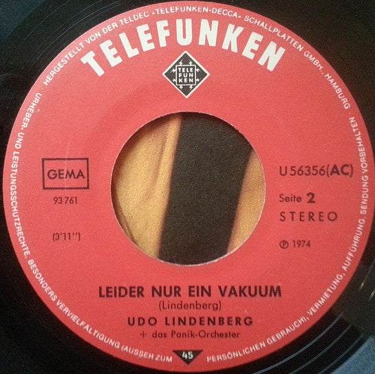 Udo Lindenberg Und Das Panikorchester : Ich Bin Von Kopf Bis Fuß Auf Liebe Eingestellt / Leider Nur Ein Vakuum (7", Single)