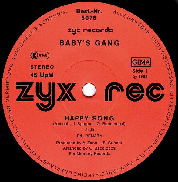 Baby's Gang : Happy Song (12", Maxi, Gat)