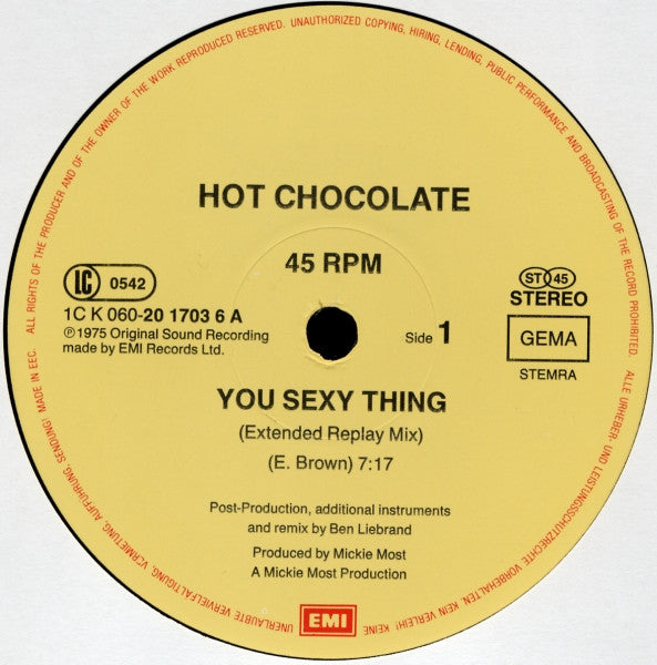 Hot Chocolate : You Sexy Thing (Extended Replay Mix) / Megamix (12", Maxi, P/Mixed)