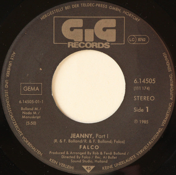 Falco : Jeanny (Part 1) (7", Single)