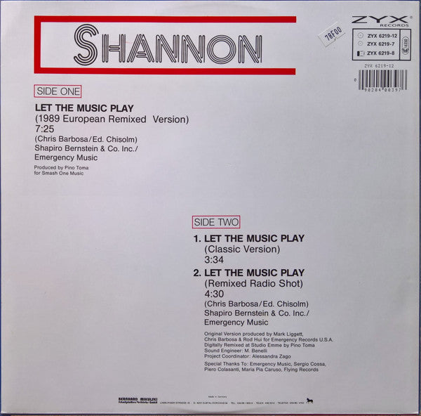 Shannon : Let The Music Play (1989 European Remixed Version) (12", Maxi)