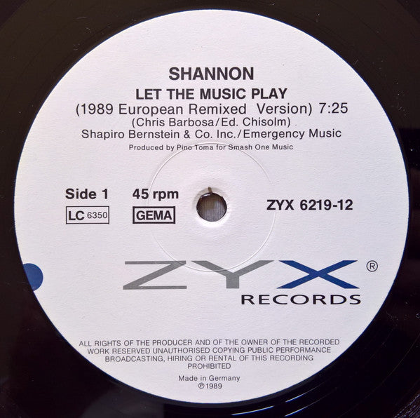 Shannon : Let The Music Play (1989 European Remixed Version) (12", Maxi)