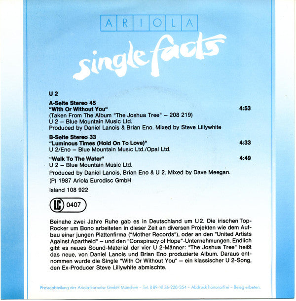 U2 : With Or Without You (7", Single)