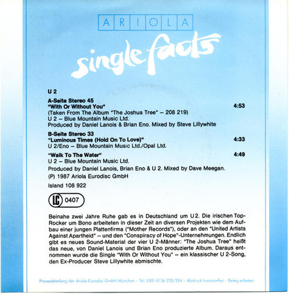 U2 : With Or Without You (7", Single)