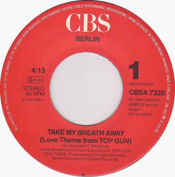 Berlin : Take My Breath Away (Love Theme From "Top Gun") (7", Single)