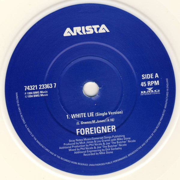 Foreigner : White Lie (7", Single, Whi)