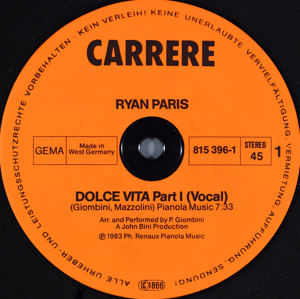 Ryan Paris : Dolce Vita (Original Version) (12", Maxi)