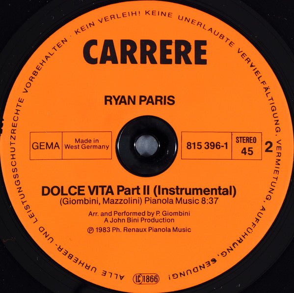 Ryan Paris : Dolce Vita (Original Version) (12", Maxi)