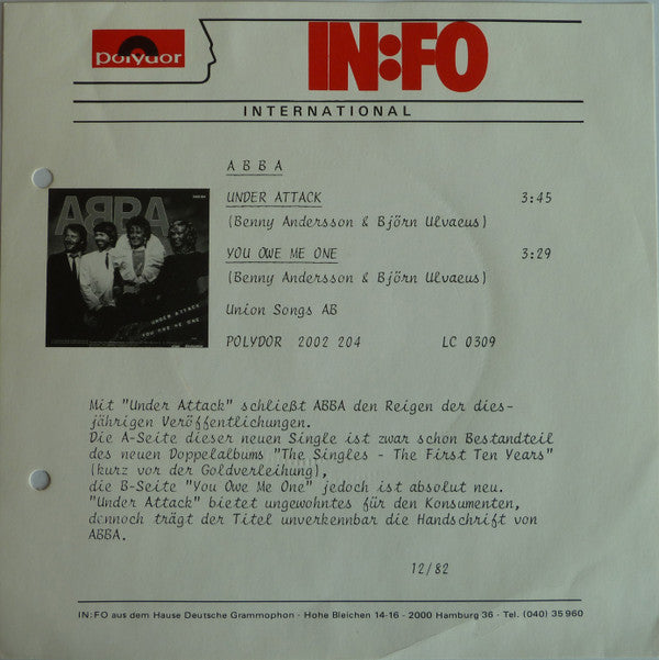 ABBA : Under Attack / You Owe Me One (7", Single)