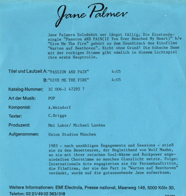 Jane Palmer : Passion & Pain  (7", Single)