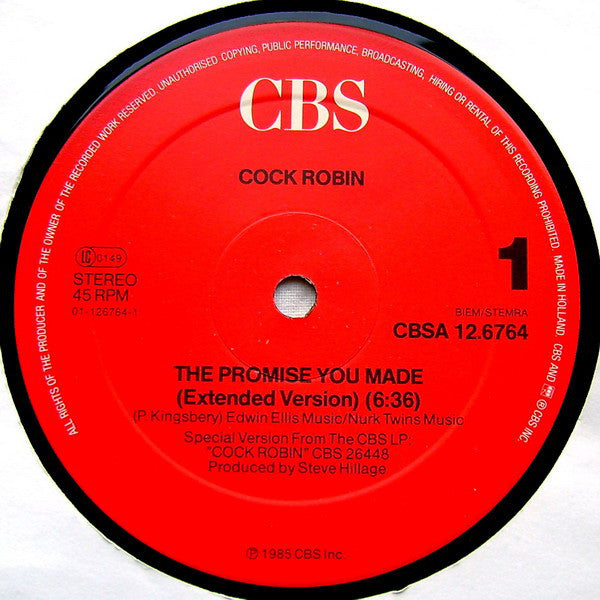 Cock Robin : The Promise You Made (Extended Version) (12", Maxi)