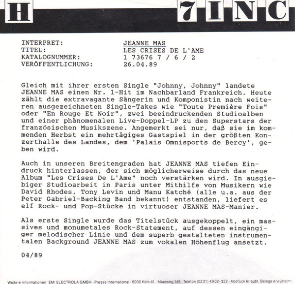 Jeanne Mas : Les Crises De L'Ame (7", Single)