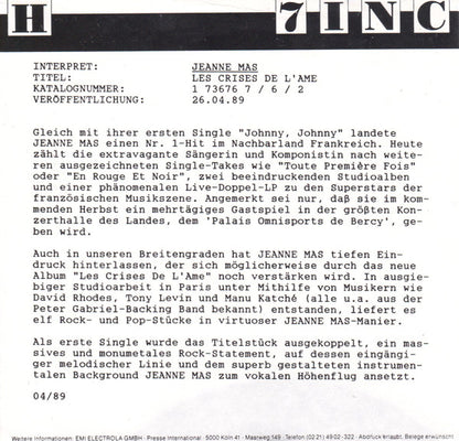 Jeanne Mas : Les Crises De L'Ame (7", Single)