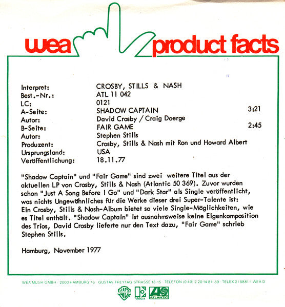 Crosby, Stills & Nash : Shadow Captain (7", Single)