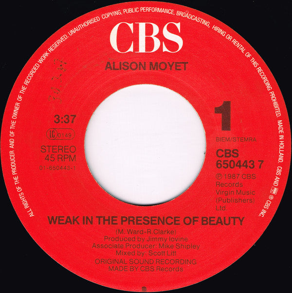 Alison Moyet : Weak In The Presence Of Beauty (7", Single)
