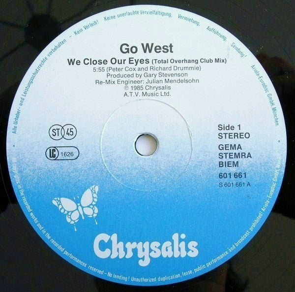 Go West : We Close Our Eyes (Total Overhang Club Mix) (12", Maxi)