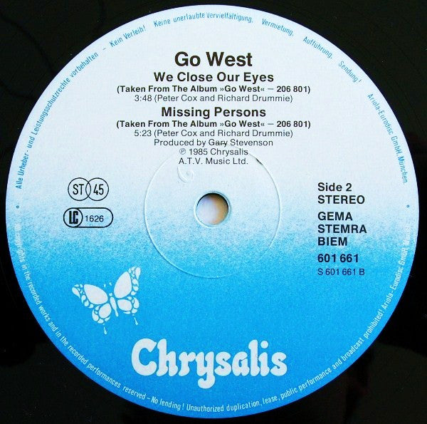 Go West : We Close Our Eyes (Total Overhang Club Mix) (12", Maxi)