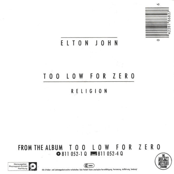 Elton John : Too Low For Zero (7", Single)