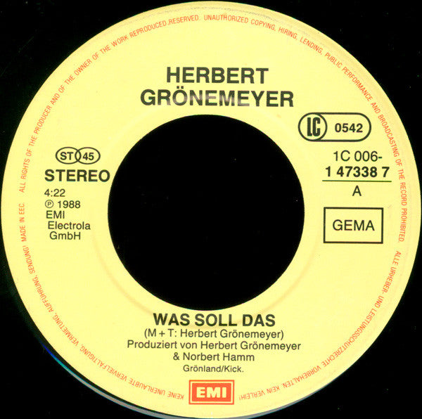 Herbert Grönemeyer : Was Soll Das (7", Single)