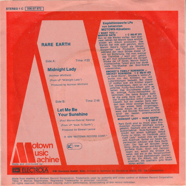 Rare Earth : Midnight Lady (7", Single)