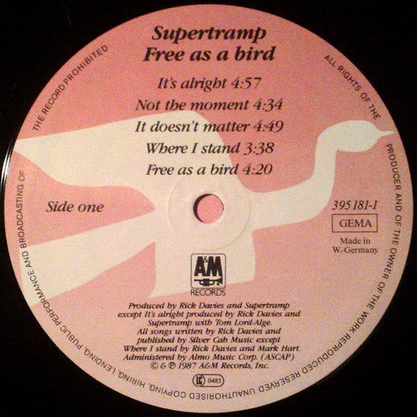 Supertramp : Free As A Bird (LP, Album, Pin)