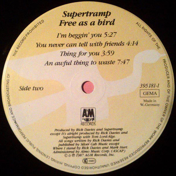 Supertramp : Free As A Bird (LP, Album, Pin)
