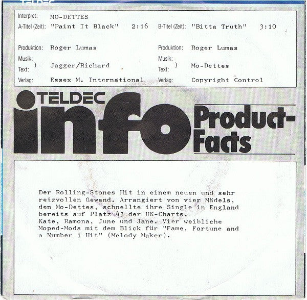 Mo-Dettes : Paint It Black (7", Single, Promo)