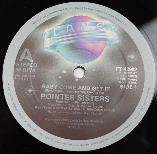 Pointer Sisters : Baby Come And Get It (12")