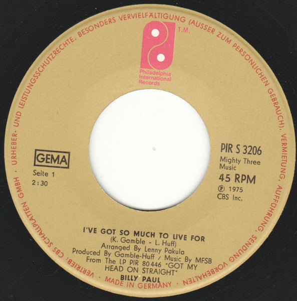 Billy Paul : I've Got So Much To Live For (7", Single)