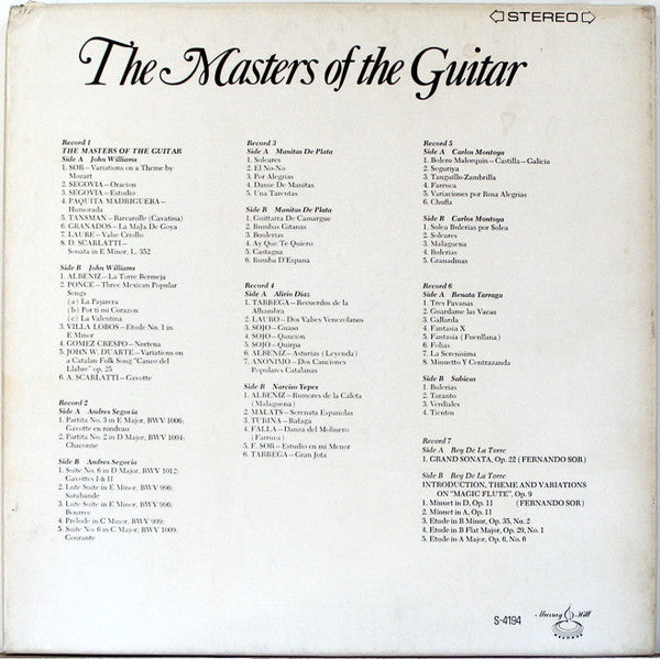 Andres Segovia* • Carlos Montoya • Laurindo Almeida • Manitas de Plata • Alirio Diaz* • John Williams (7) • Narciso Yepes • Sabicas • Renata Tarraga* : The Masters Of The Guitar (7xLP, Comp + Box)