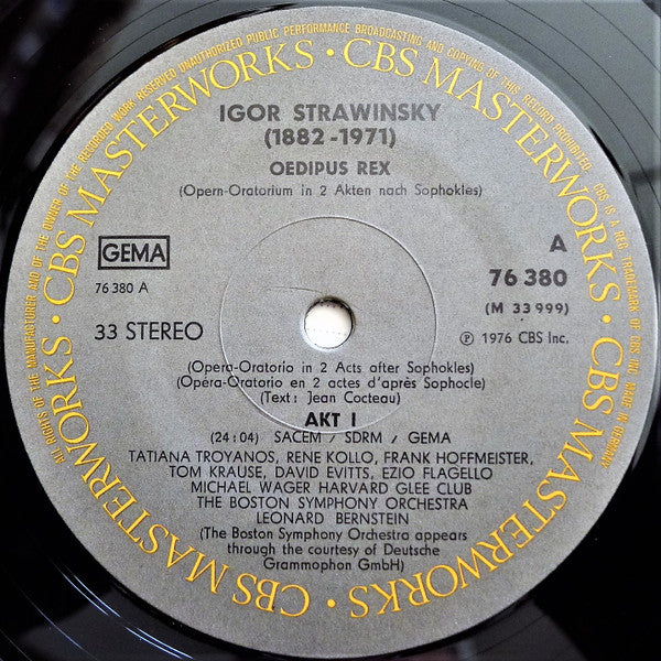Stravinsky* - Leonard Bernstein, Tatiana Troyanos, René Kollo, Boston Symphony Orchestra : Oedipus Rex (LP, Gat)