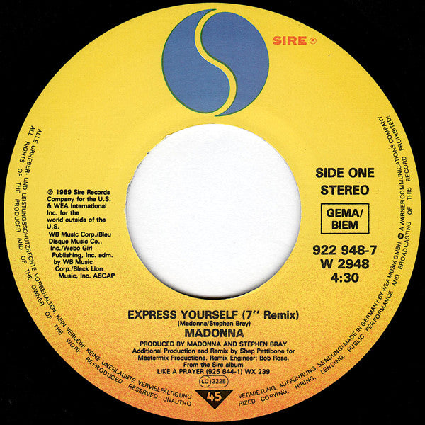 Madonna : Express Yourself (7", Single, Lar)