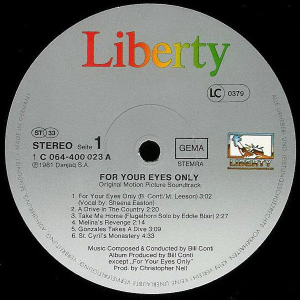 Bill Conti : For Your Eyes Only (Original Motion Picture Soundtrack) (LP, Album)