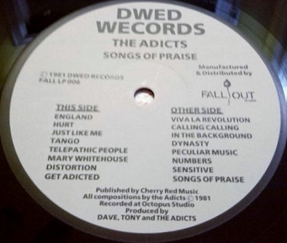 The Adicts : Songs Of Praise (LP, Album, RE, Red)