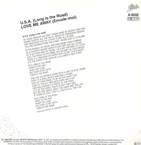 Jean-Jacques Goldman : U.S.A (Long Is The Road) (7", Single)