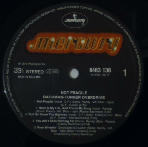Bachman-Turner Overdrive : Not Fragile (LP, Album, RE)
