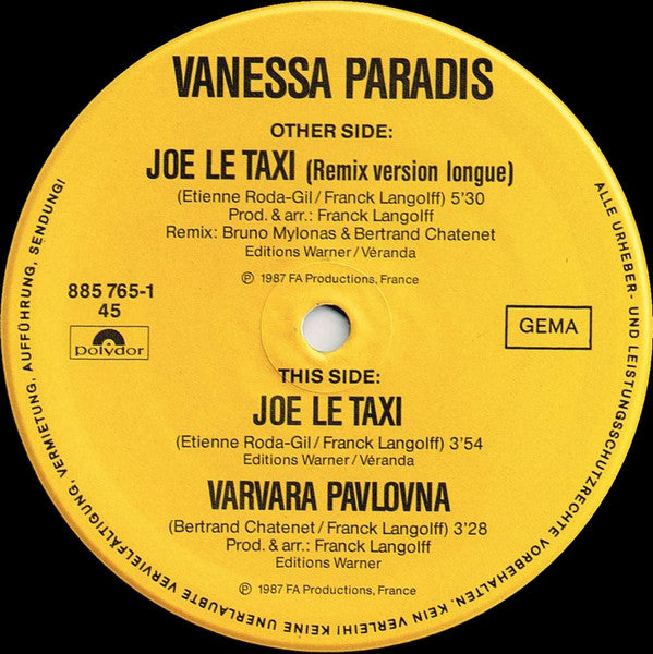 Vanessa Paradis : Joe Le Taxi (12", Maxi)